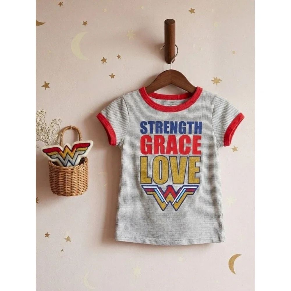 Wonder Woman- Girls Heather Grey Striped Graphic Short Sleeve T-Shirt Sz Med 7/8